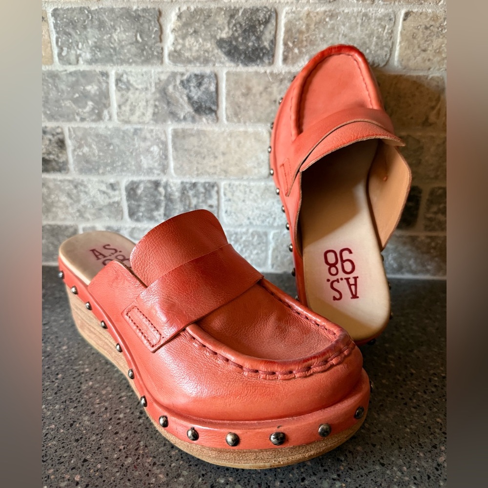 A.S.98 Paget Wedge Platform Mule Clog Size 37 Flame Leather Studs